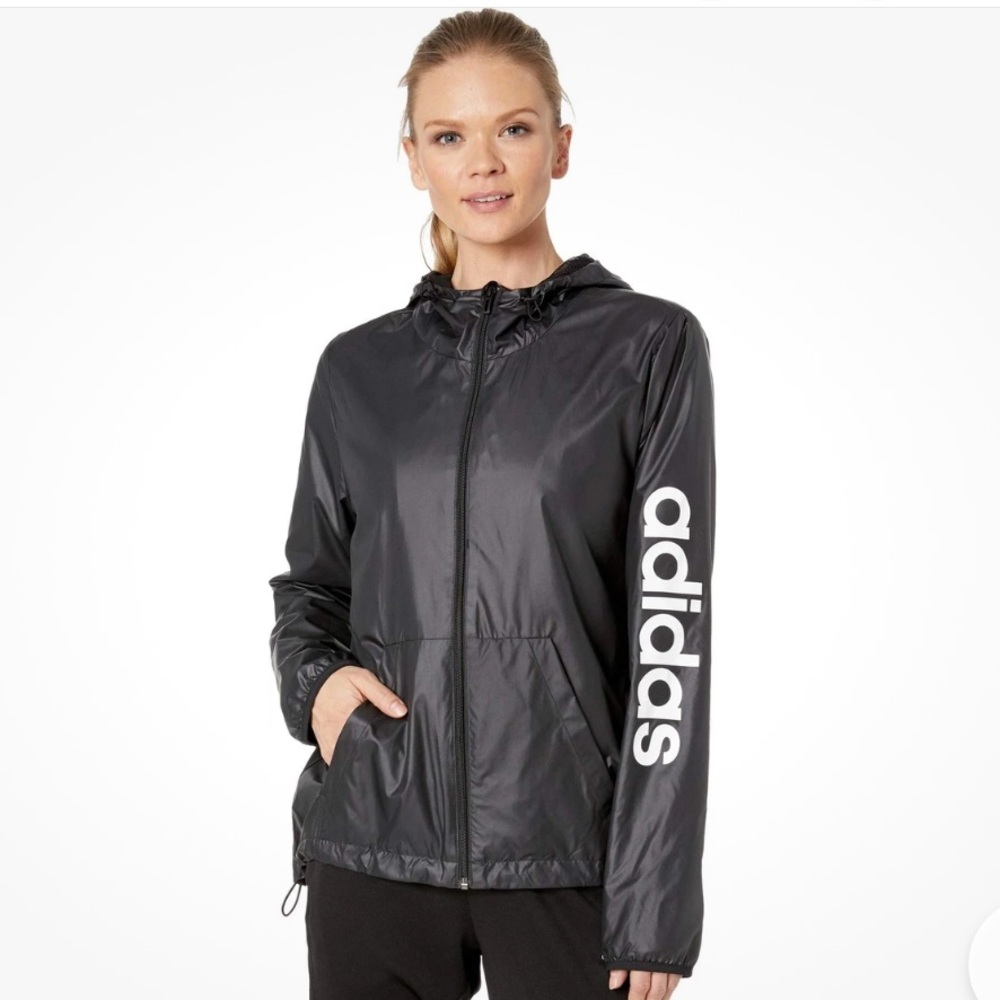Adidas Women's Essentials Linear Black Hooded Windbreaker Medium